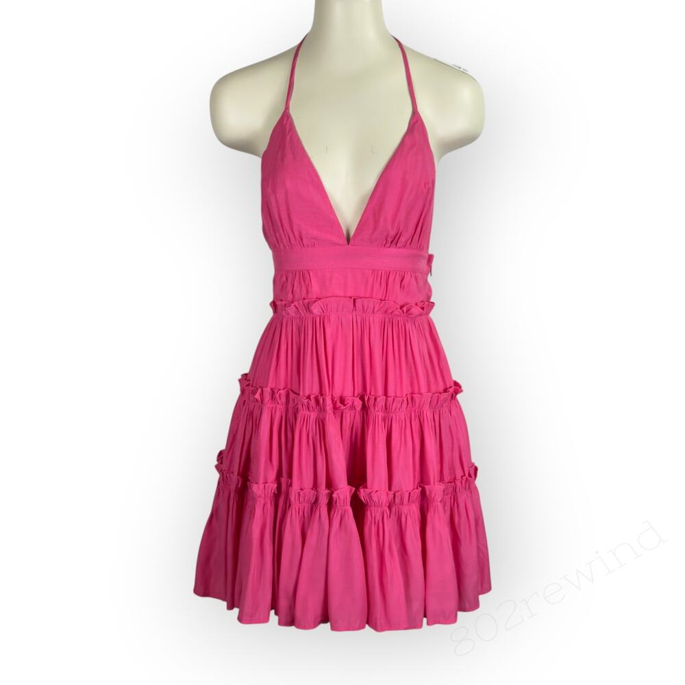 Mable Suri Halter Tiered Mini Dress Hot Pink Open-Back Plunging V-Neck Small